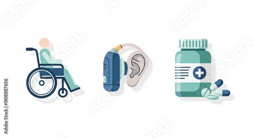 Assistive technology for disabilities including wheelchair hearing aid and medication for health support