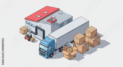 Isometric logistics warehouse delivery truck and forklift boxes shipping and distribution export import trade