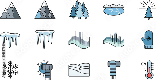 Embrace the beauty of winter with these adorable winter icons featuring snowy mountains, icicles, pine trees, and cozy winter accessories for your designs