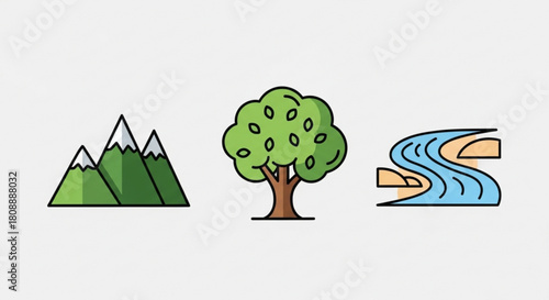 Mountain landscape with river and tree vector illustration for nature and outdoor adventure designs