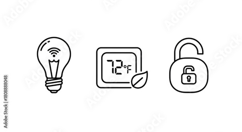 Smart home automation system icons featuring wifi lightbulb thermostat and open padlock for security system