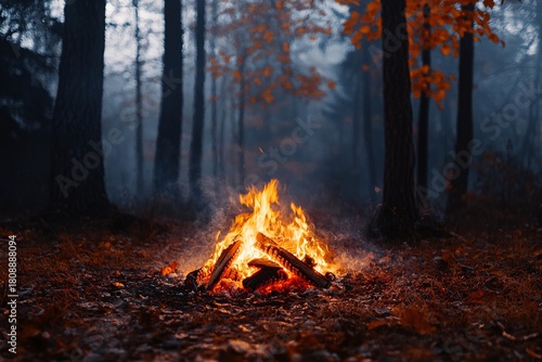 Campfire's warm orange and red flames glow at night in the dark forest with smoke rising from the burning wood