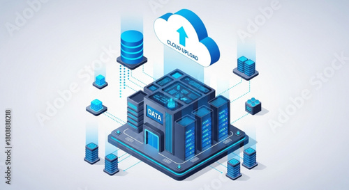 Isometric cloud computing data center server network infrastructure and cloud upload technology concept