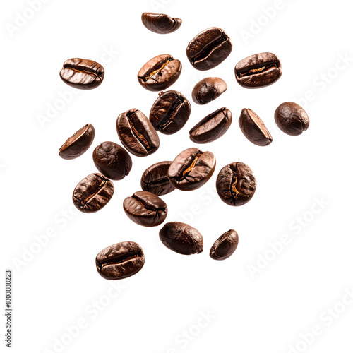 Fresh roasted brown coffee bean falling, an aromatic ingredient isolated on background. Evokes sense of energy and morning warmth