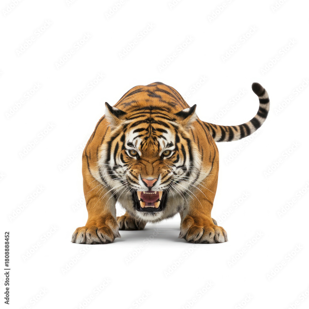 Fototapeta premium Tiger full body crouching fierce expression isolated white background