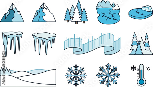 Winter wonderland icons with mountains, icebergs, snowflakes, and aurora borealis for holiday designs and festive winter campaigns, inviting seasonal cheer
