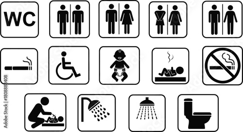 Collection of public facility signs and symbols in black and white