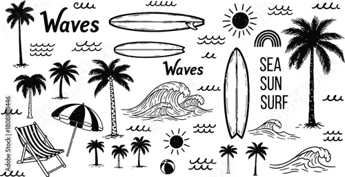 Summer beach doodle set with palm trees and surfboards