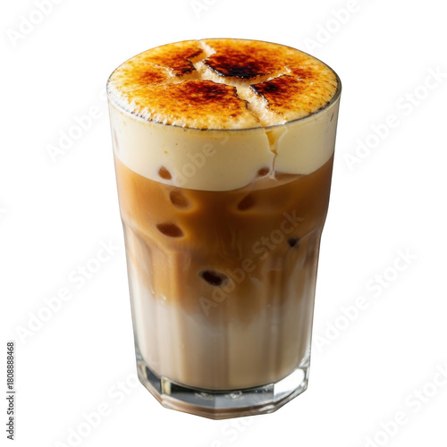 Iced latte with creme brulee topping isolated on transparent background a luxurious coffee drink featuring layers of milk, espresso, and a caramelized sugar crust