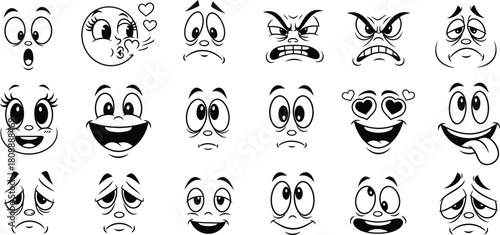 Cartoon face expressions set diverse emotions in black and white