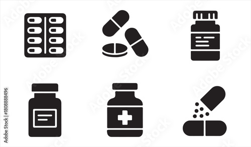 Healthcare Medication Icon Set Featuring Tablets, Capsules, and Pill Bottles
