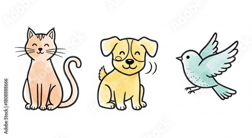 Cute watercolor animals illustration featuring cat dog and bird for kids and animal lovers design art