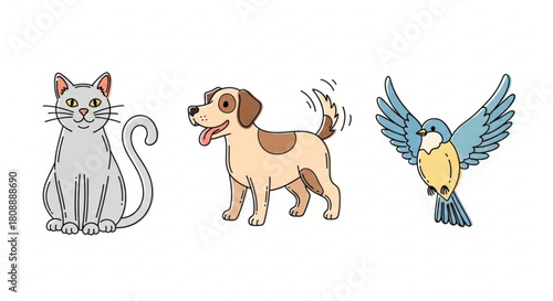 Cartoon pet animals vector illustration: cute cat, happy dog, and flying bird drawing for kids design art