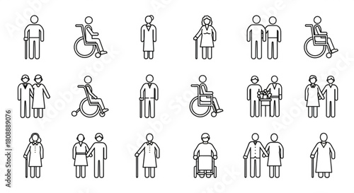 Illustration of community support and care for elderly people and those with disabilities icons set