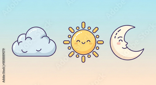 Cute weather icons cloud sun moon vector illustration for kids children designs and educational resources