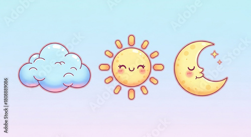 Cute weather icons set cloud sun and moon vector illustration for kids design and decoration project