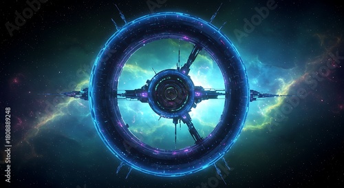 Fototapeta Naklejka Na Ścianę i Meble -  Futuristic space station design against a backdrop of colorful nebulae