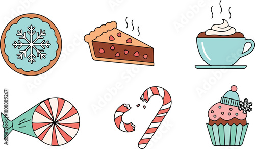Delightful winter treats include a snowflake cookie, pie, hot cocoa, lollipop, candy cane, and cupcake, perfect for holiday celebrations and sweet moments