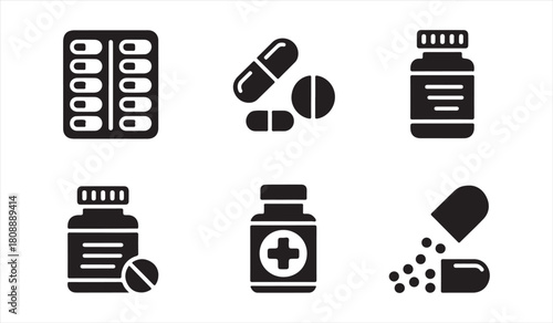 Pills, Capsules, and Medicine Bottle Icon Set for Pharmacy and Healthcare Graphics