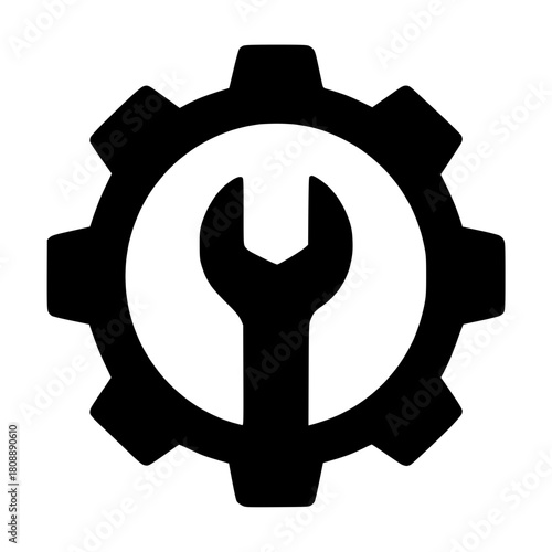 Cog with small spanner icon, representing repair, mechanical engineering, settings, tools, and system maintenance