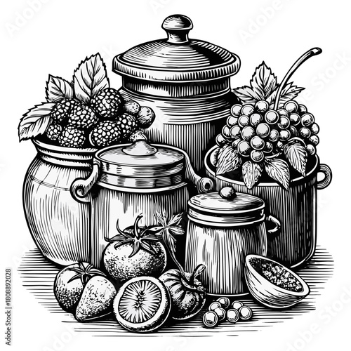 Vintage Hand-Drawn Fruit Jam Jars Illustration