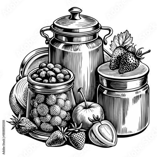Vintage Hand-Drawn Fruit Jam Jars Illustration