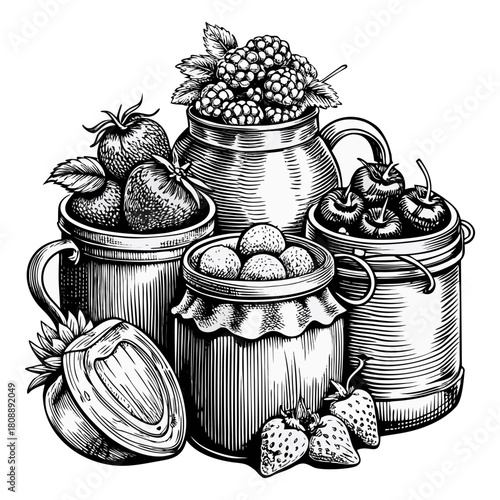 Vintage Hand-Drawn Fruit Jam Jars Illustration