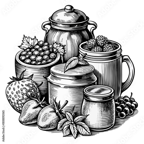 Vintage Hand-Drawn Fruit Jam Jars Illustration