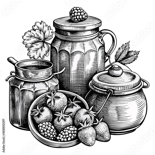 Vintage Hand-Drawn Fruit Jam Jars Illustration