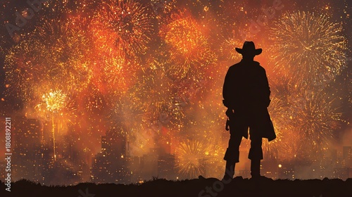 Cowboy silhouette against the backdrop of bright fireworks	