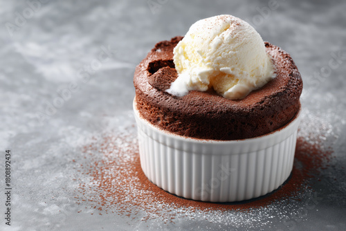 Indulge in a delightful chocolate souffle topped with creamy vanilla ice cream, perfect for a sweet treat or dessert menu spotlight