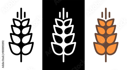 Wheat icon in different style: line black, white and flat colorful.