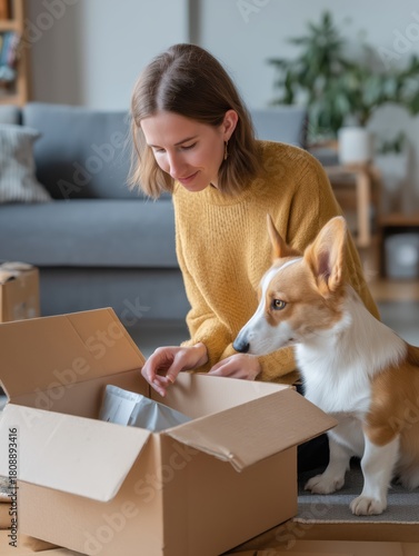 Woman unpacking delivery package with curious corgi dog watching in home living room, receiving online order, unboxing new purchase from e commerce store