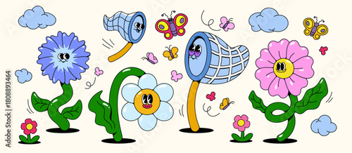 Retro groovy flower character stickers with cartoon mascot faces and colorful butterflies. Collection of cheerful blossoms, butterfly net, clouds in playful psychedelic style for nostalgic designs.