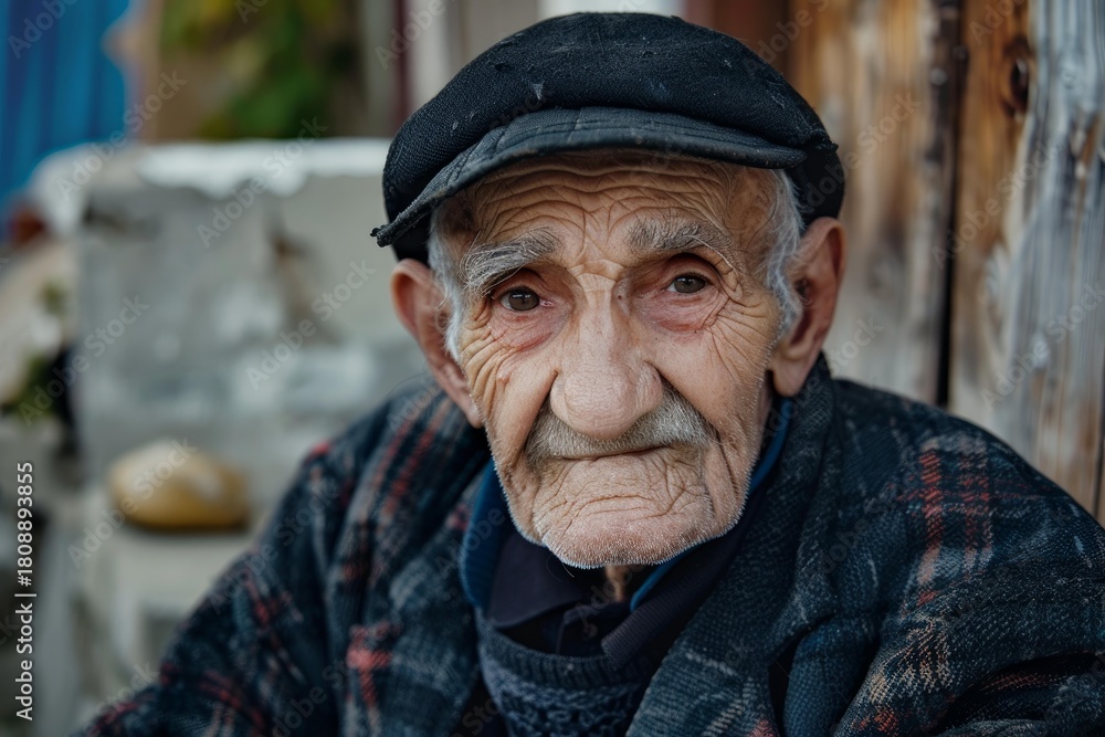Obraz premium Close up of elderly farmer wearing cap, his weathered face reflecting years of experience and resilience