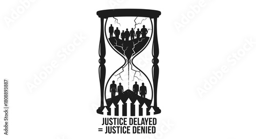 A symbolic hourglass with human silhouettes instead of sand, illustrating the legal maxim 'Justice delayed is justice denied'.