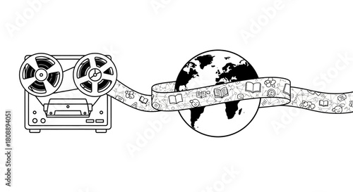 A reel-to-reel tape recorder plays a tape that wraps around a globe, adorned with book illustrations.