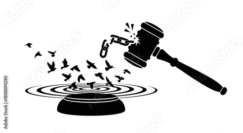 A judge's gavel breaks a chain, releasing birds into flight, symbolizing freedom and justice.