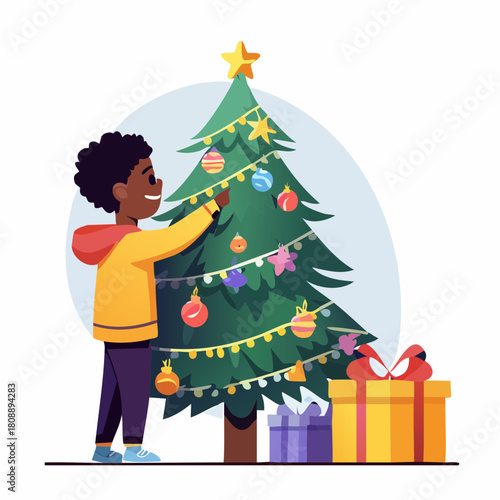 Decorating Christmas Tree Boy Placing Ornament on Fir Tree near Wrapped Gifts