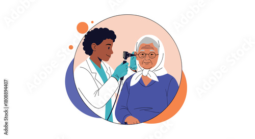 Doctor using an otoscope to examine an elderly woman's ear during a medical check-up.