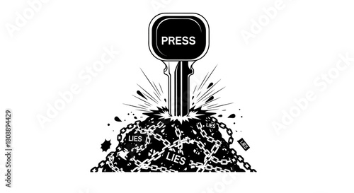 A key with the word "PRESS" on it breaking a chain with the word "LIES" on it.