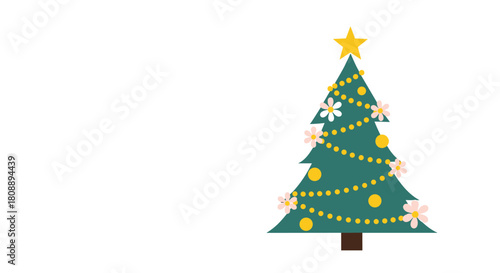 Stylized green Christmas tree decorated with yellow lights and floral ornaments, topped with a star.