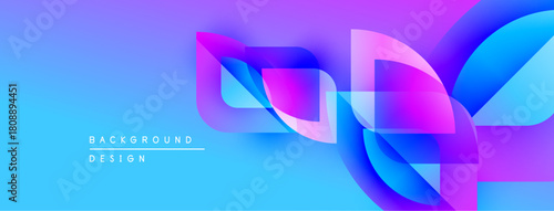 Abstract vibrant design features flowing shapes, gradients. Blue, purple hues dominate composition. Modern aesthetic.