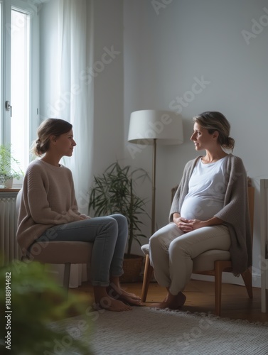 Pregnant woman receiving support from a doula during a home visit, engaging in a caring conversation about pregnancy, maternal health, and childbirth preparation