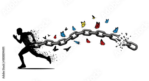 A silhouette of a person running and breaking free from a chain that transforms into colorful butterflies.