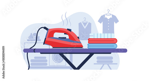 Illustration of a red iron on a purple ironing board with stacks of folded clothes.