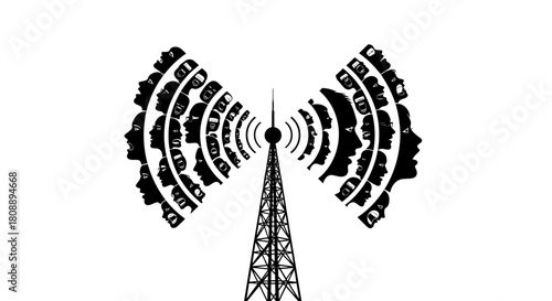 A graphic illustration of a communication tower broadcasting signals composed of numerous human head silhouettes, symbolizing widespread connection and information exchange.