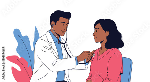 A male doctor in a white coat examines a female patient with a stethoscope.