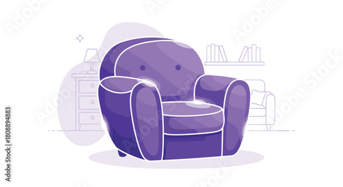 Cozy purple armchair in a modern room with shelves and a lamp.