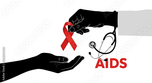 A doctor's hand passes a red ribbon and stethoscope to another hand, symbolizing support and awareness for AIDS.